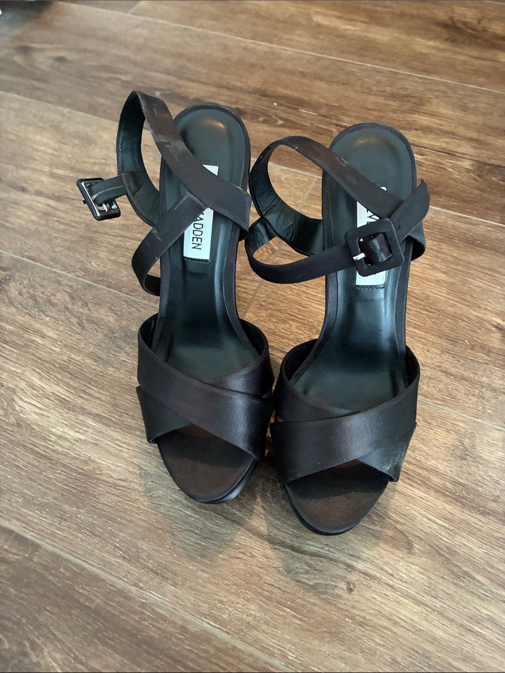 Steve Madden Satin Black Crisscross Block Heel Sandals